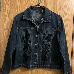 Chico's Dark Denim Jacket with Black Embroidery on Front and Back Size 1